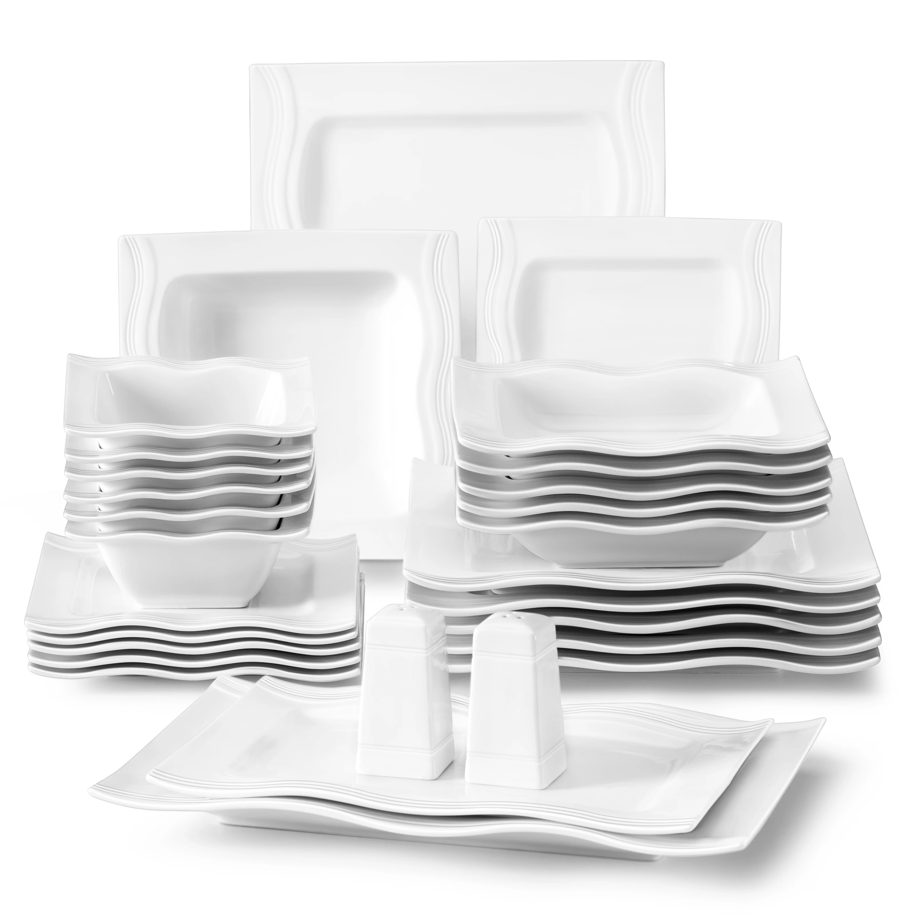 

MALACASA Square Dinnerware Sets 28 Piece White Porcelain Plates and Bowls Set Salt Pepper Pot Salad Pasta Bowls Dinner Set