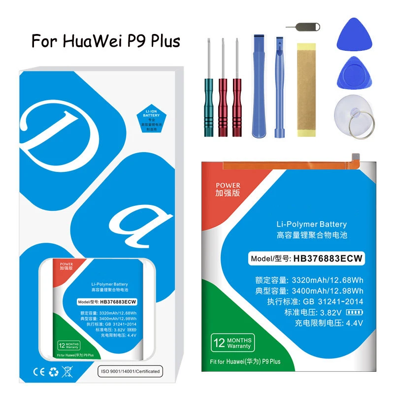 XDOU HB376883ECW Rechargeable Li-ion Battery For Huawei P9 Plus 3400mAh VIE-AL10 Mobile Phone Bateria 2023 + Gift Tools
XDOU HB376883ECW Rechargeable Li-ion Battery For Huawei P9 Plus 3400mAh VIE-AL10 Mobile Phone Bateria 2023 + Gift Tools
