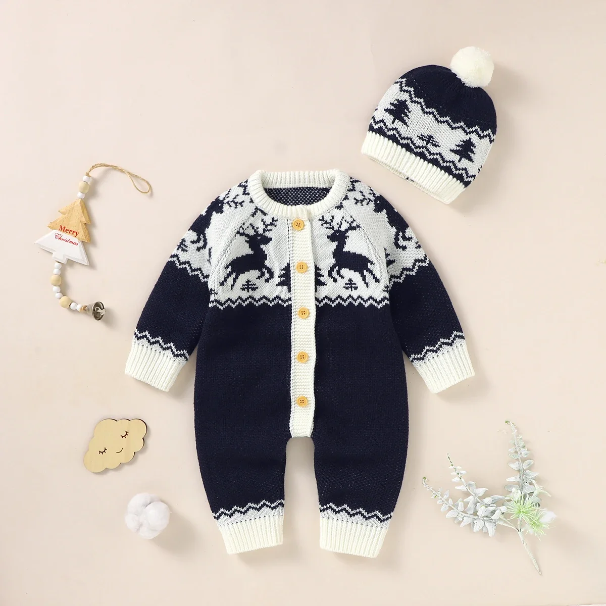 

Baby Christmas Rompers Long Sleeve Newborn Infant Unisex Jumpsuits Hats 2pcs Clohes Sets 0-18m Knitted Toddler Children Costumes