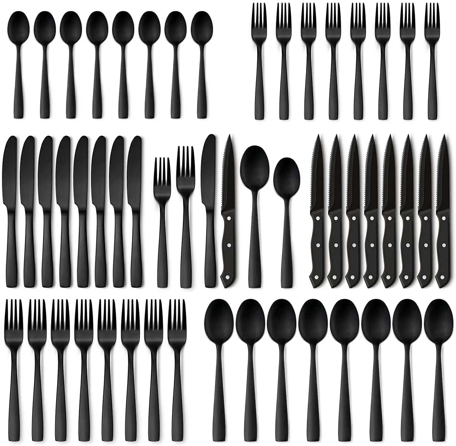 

Элегантный набор черных столовых приборов из 48 предметов с ножами для стейка-8 предметов для посуды из нержавеющей стали, идеально подходит для кухни