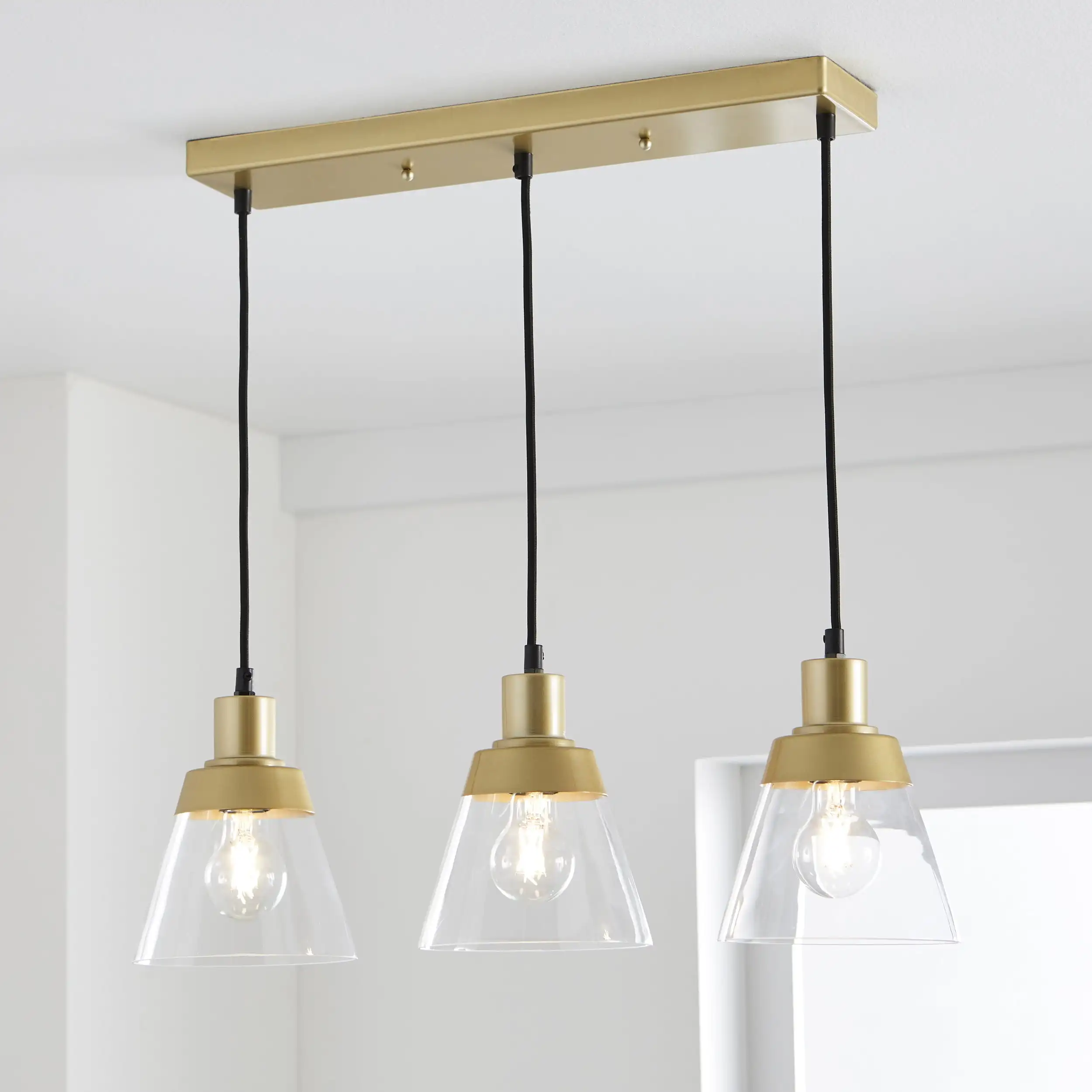 Better Homes & Gardens 3 Shades Pendant Light Burnished Brass Finish Included 3pcs A19 Light Bulbs
Better Homes & Gardens 3 Shades Pendant Light Burnished Brass Finish Included 3pcs A19 Light Bulbs