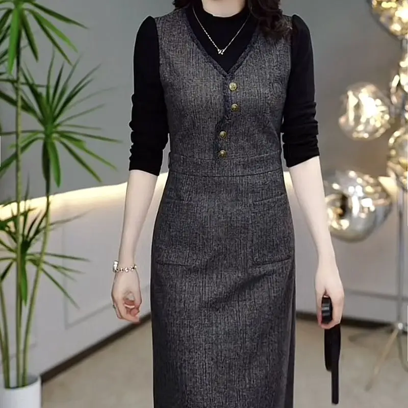 

Office Lady Fake Two Pieces Dresses Sashes Autumn Winter Patchwork Half High Collar Stylish Asymmetrical A-Line Waist Midi Dress