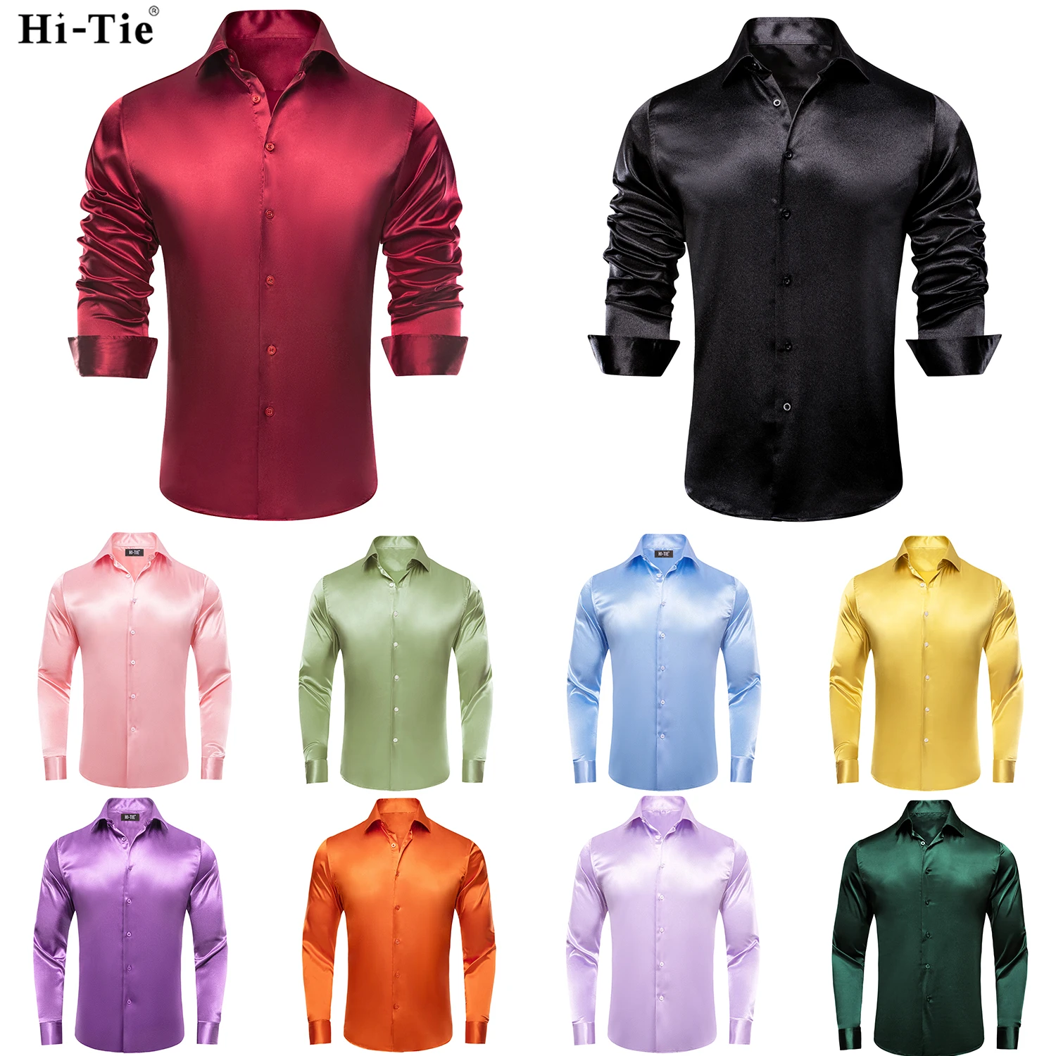 

Hi-Tie Black Burgundy Men's Long Sleeve Plain Satin Silk Dress Shirts Casual Formal Blouse Shirt Luxury Designer Men Clothing