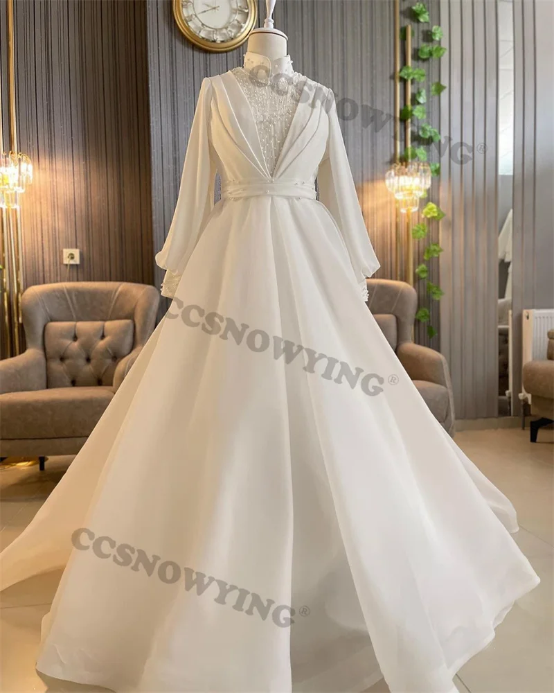 

Elegant Organza Pearls Muslim Wedding Dress for Bride Arabic Dubai Long Sleeve with Cape Hijab Bride Gown Vestidos De Novia