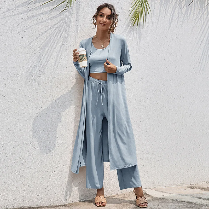 Women's Pajamas Pure Color Knitting Casual Fashion Vest Coat Wide-leg Pants Sleepwear 3 Pieces Set Women's Loose Homewear Suit
Women's Pajamas Pure Color Knitting Casual Fashion Vest Coat Wide-leg Pants Sleepwear 3 Pieces Set Women's Loose Homewear Suit