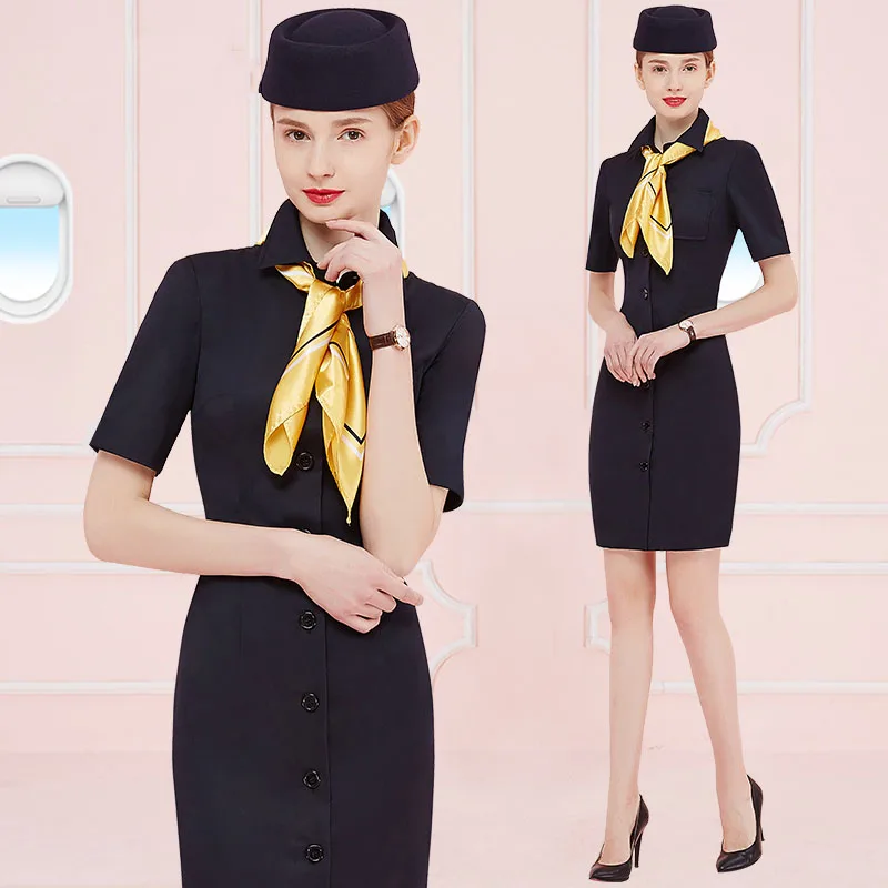 

New Germany Women's Airline Flight Attendance Stewardess Summer Short Sleeve Overalls Single Breasted Dress Aviation Uniforms