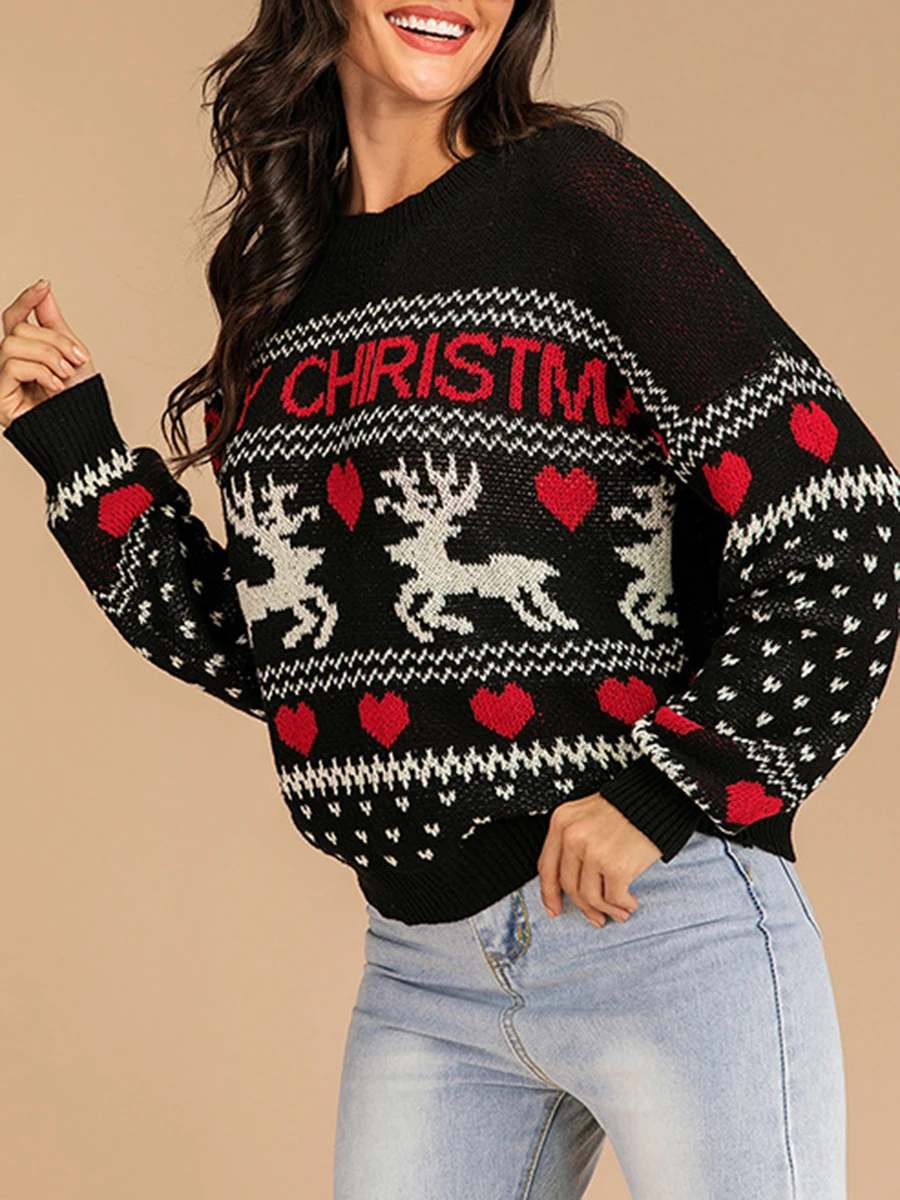

Women s Festive Reindeer Christmas Sweater with Snowflake Patterns - Cozy Long Sleeve Crew Neck Jumper featuring Letter