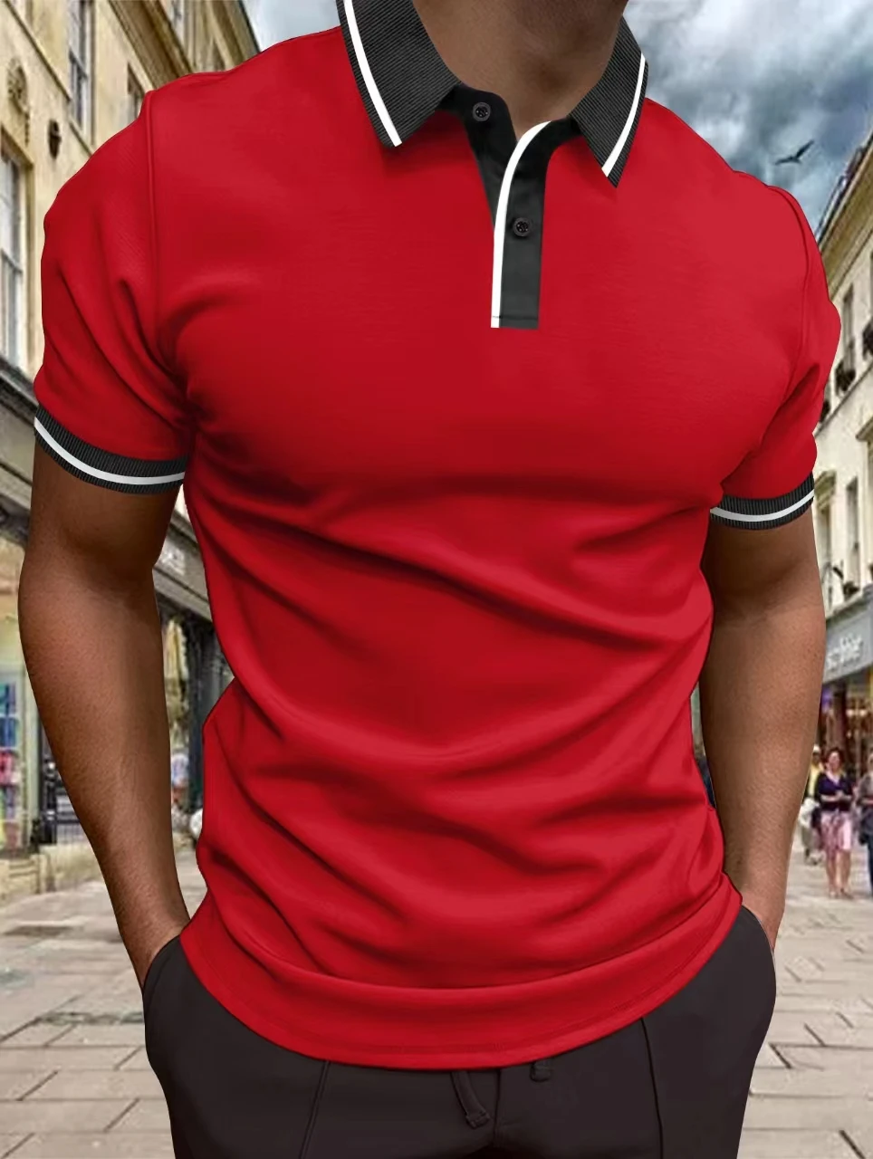 

Europe and the United States men's Polo shirt street casual short sleeve shirt cotton patchwork color Polo shirt high-quality si