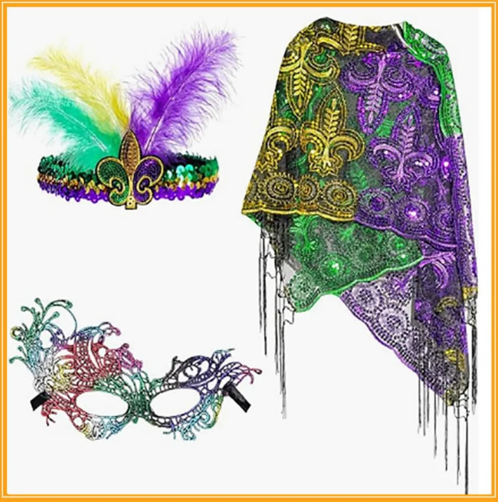 

Костюм для празднования Марди Гра, шапка, Маскарадная маска, фестиваль, темы, вечеринка, головная повязка с блестками, шарф, аксессуары для карнавала