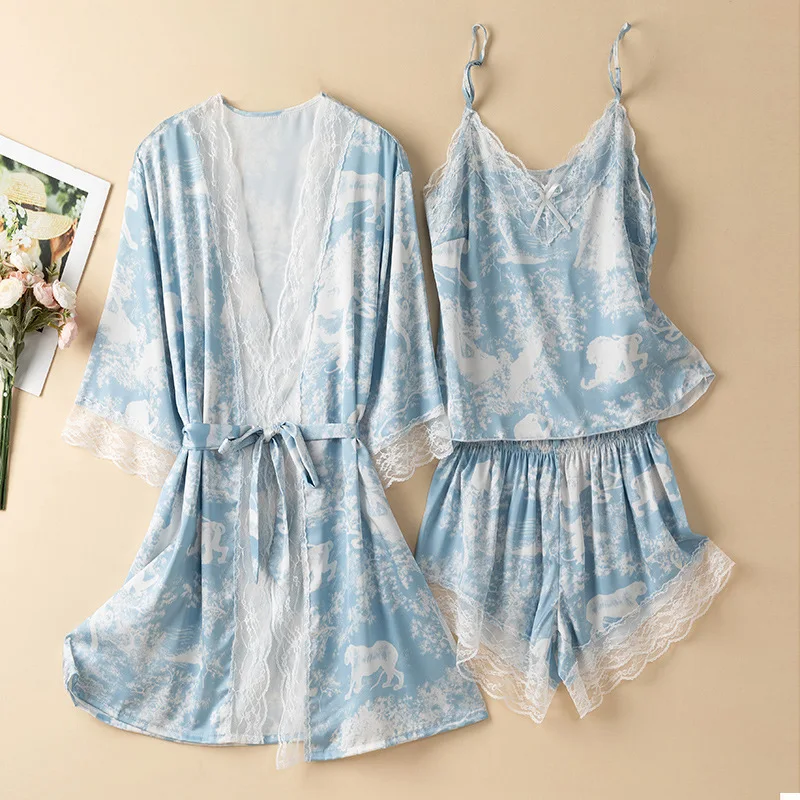Ice Silk Pajamas Women's Summer Thin Robe Suspender Shorts Three Piece Set Kimono Sexy Lace Luxury Homewear Pajamas Bathrobe
Ice Silk Pajamas Women's Summer Thin Robe Suspender Shorts Three Piece Set Kimono Sexy Lace Luxury Homewear Pajamas Bathrobe