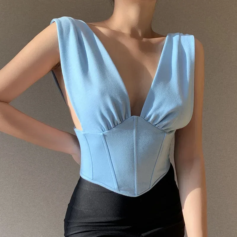 

Fashion Boned Sleeveless Lace Up Top Female Cropped Top Indie Sexy Backless Deep V-Neck Crop Blue Tops for Women Summer 2021