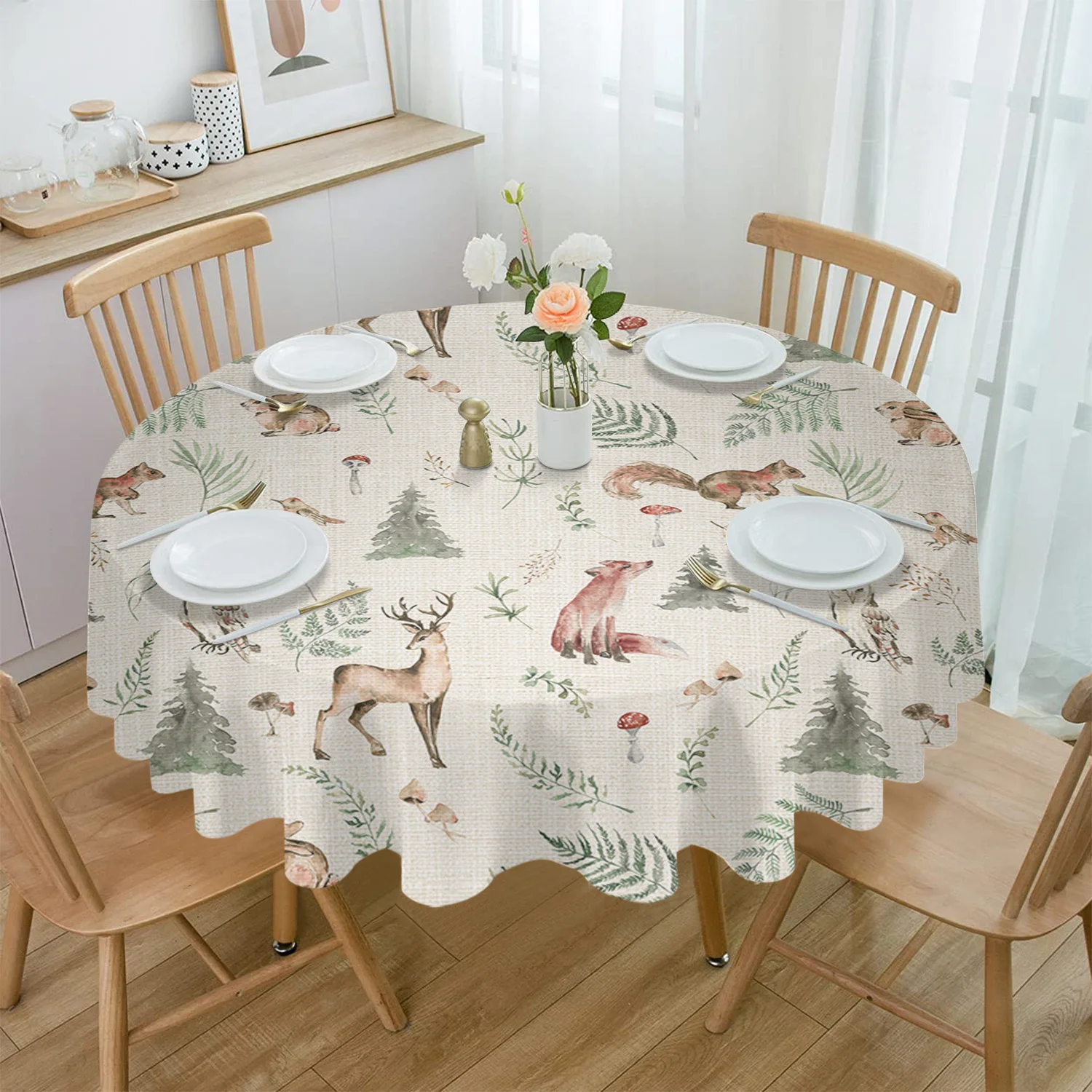 

Winter Christmas Tree Elk Squirrel Leaves Round Tablecloth Waterproof Wedding Party Table Cover Xmas Dining Table Tablecloth