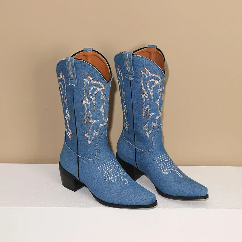 Phoentin Middle Calf Western Boots 2023 New Slip On Medium Heel Shoes Woman Embroidery Denim Boots Black Blue Color FT2579
Phoentin Middle Calf Western Boots 2023 New Slip On Medium Heel Shoes Woman Embroidery Denim Boots Black Blue Color FT2579