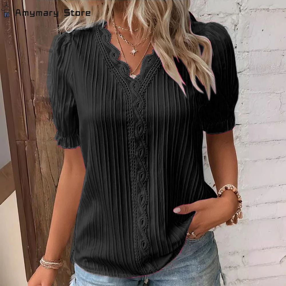 

Summer Women V Neck Lace Stitching Patchwork Women Shirts Hollow Short Sleeve Pullover Top Office Elegant Top Office Lady Blouse