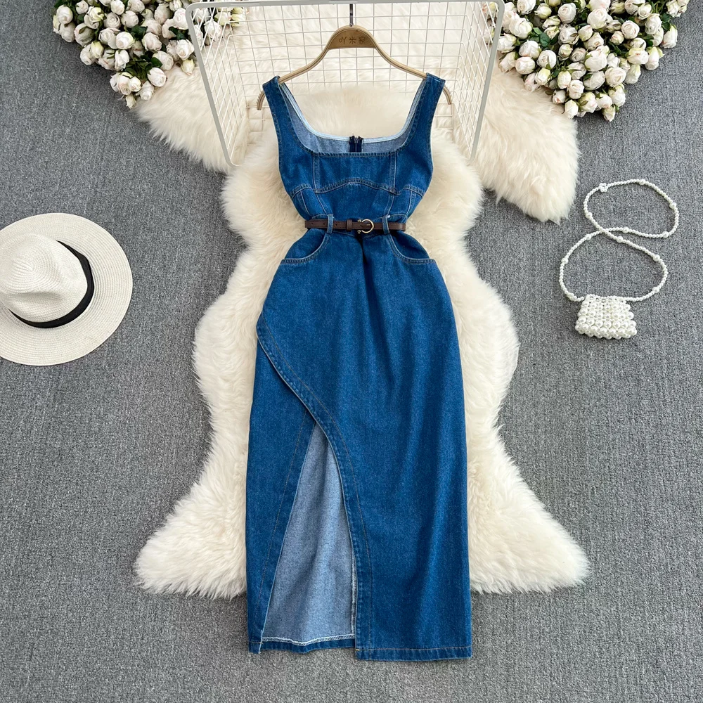 

Denim Strap Dress 2023 Summer Fashion Women Goddess Waist Slim Sleeveless Jeans Dress Ladies Side Slit A-line Denim Dress