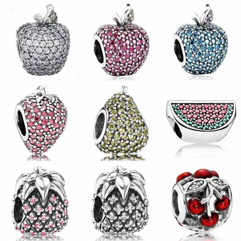 

Pave Appl Watermelon Strawberry Pineapple Whimsical Pear Charms Fit Europe Bracelet 925 Sterling Silver Fruits Bead DIY Jewelry