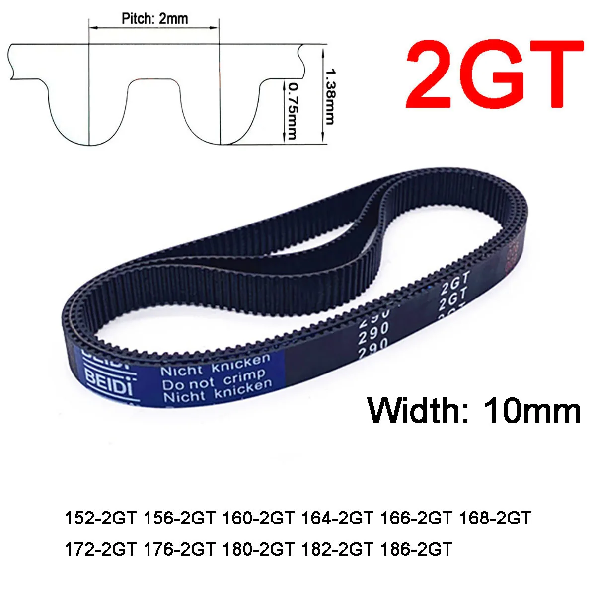

1Pc Width 10mm 2GT Rubber Arc Tooth Timing Belt Pitch Length 152 156 160 164 166 168 172 176 180 182 186mm Synchronous Belt