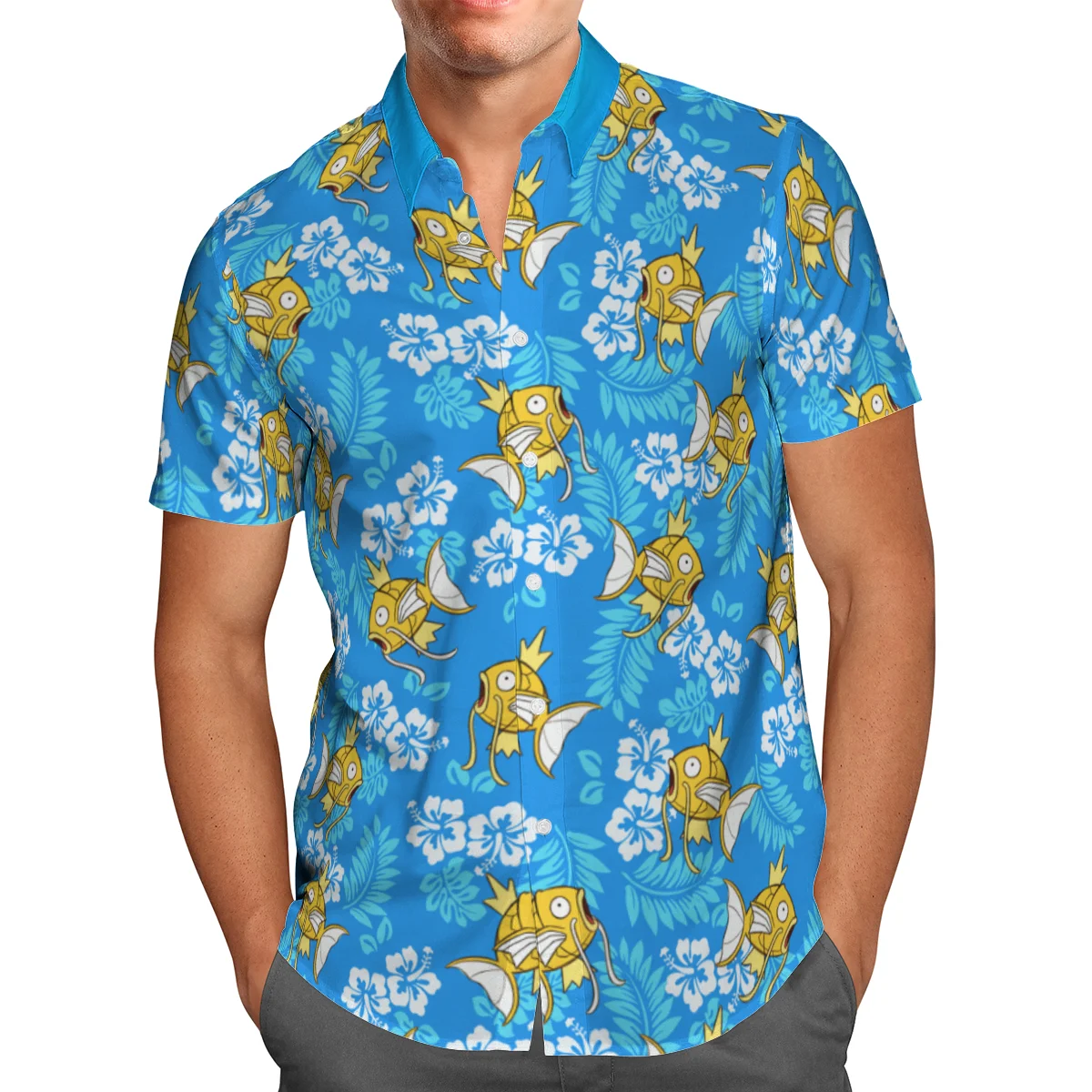

Пляжная Гавайская голубая рубашка с объемным рисунком рыбы, лето 2023, рубашка с коротким рукавом, уличная одежда, большие размеры 5XL, мужская рубашка