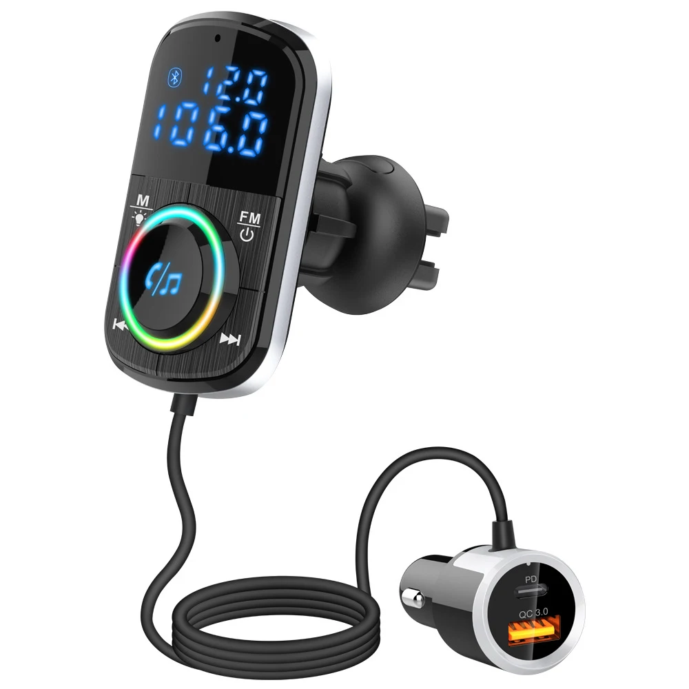 

Car FM Transmitter Car Charger Bluetooth-compatible 5.0 QC 3.0 Fast Charge PD Car Charger MP3 Music Player Ambient Light TF Card