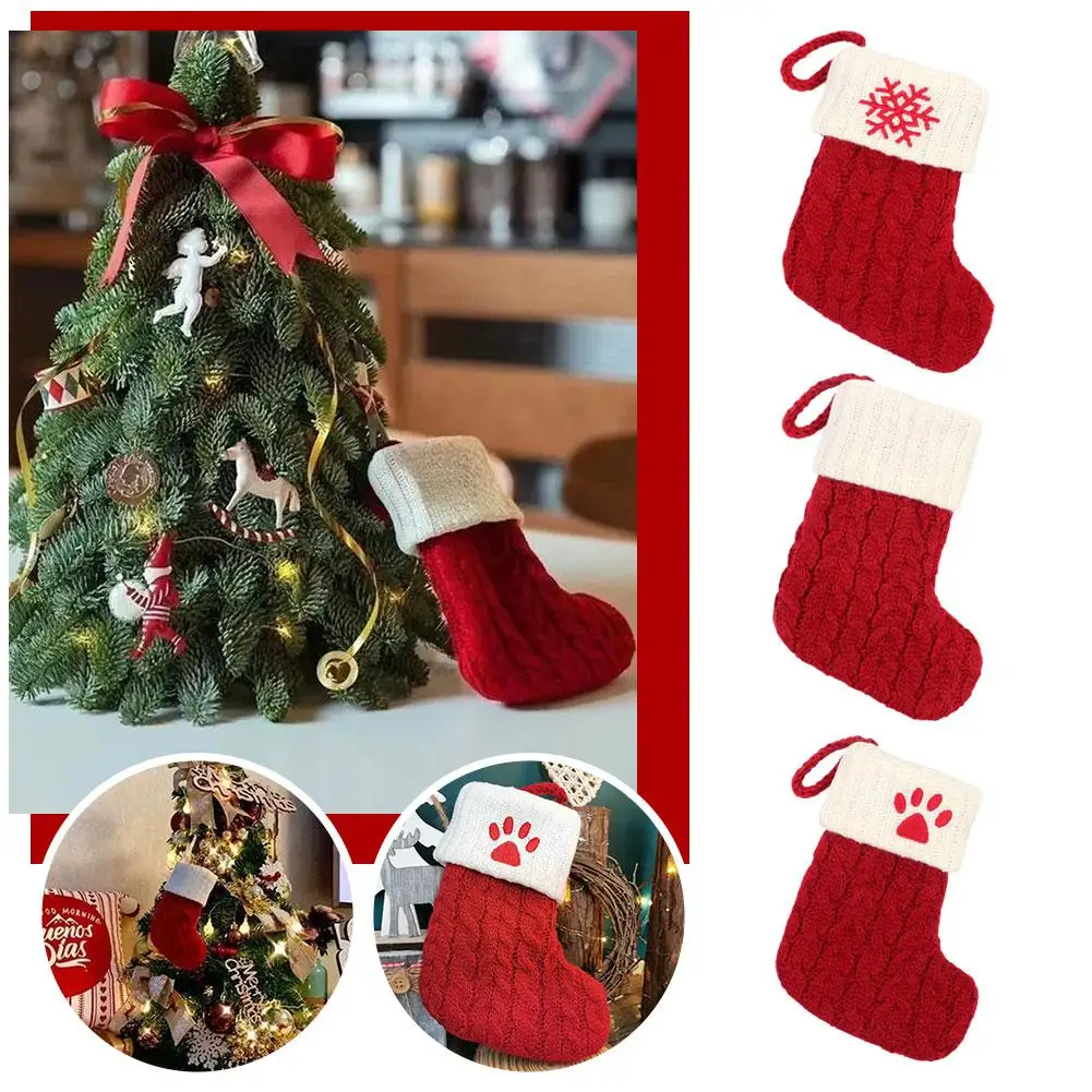 

1 шт. рождественские носки, Подарочный пакет, вязаные чулки в виде лап снежинок, Рождественское украшение для дома, украшение для рождественской елки, сумка для хранения L1R9