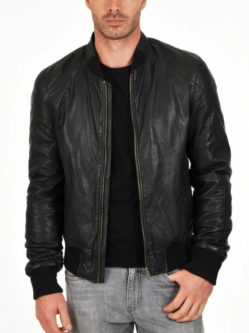 

Bomber Leather Quilted Jacket Men Genuine Lambskin Flight Military Coat Motorcycle Outwear