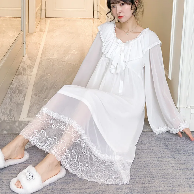 

2023 Nightdress Women Cotton Mesh Lace Long Sleeve Spring Nightgown Night Dress Sweet Elegant Sleepshirt Nightwear Home Clothes