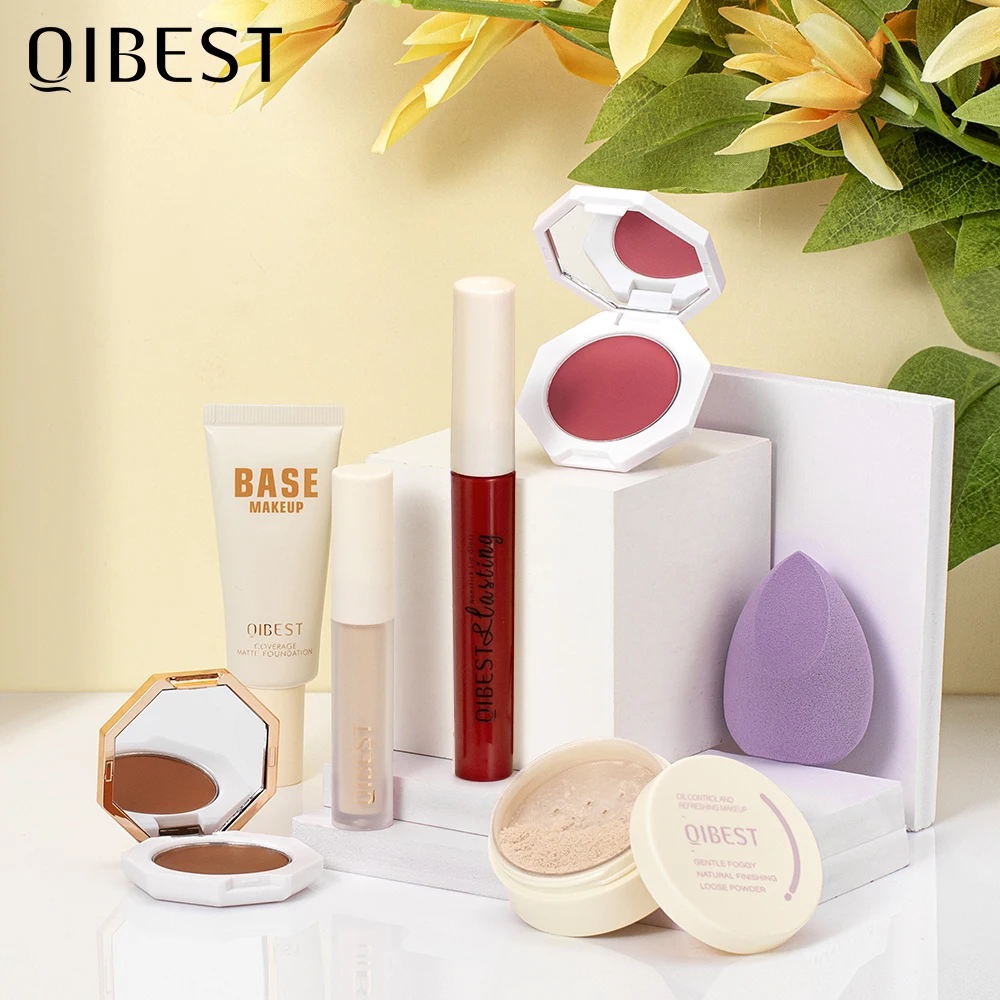 

QIBEST 7 pcs Makeup Set Foundation + Blush +Repair Cream Lipstick + Powder + Concealer + Sponge Professional Cosmetic Kit