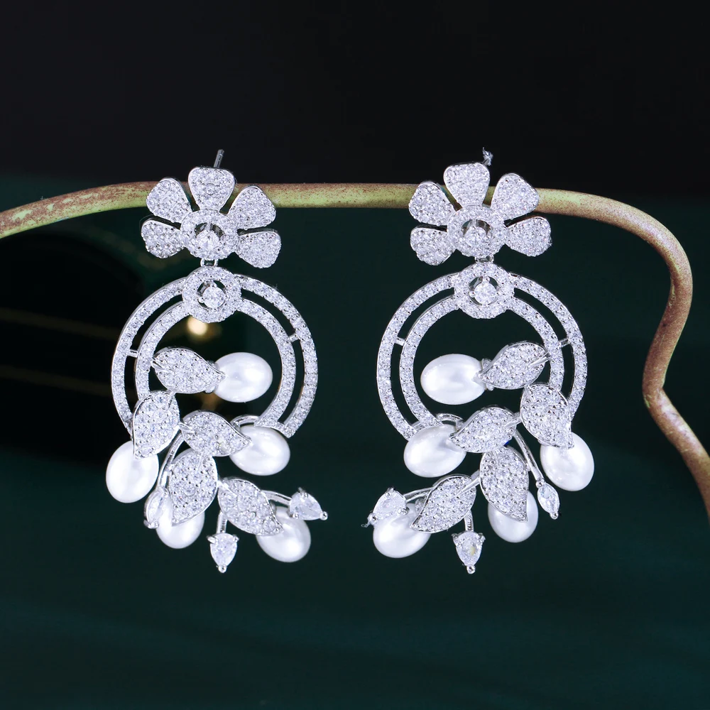 

ThreeGraces Luxury Cubic Zirconia Flower Leaf Shape Long Simulated Pearl Drop Earrings for Women Bridal Wedding Jewelry E1752