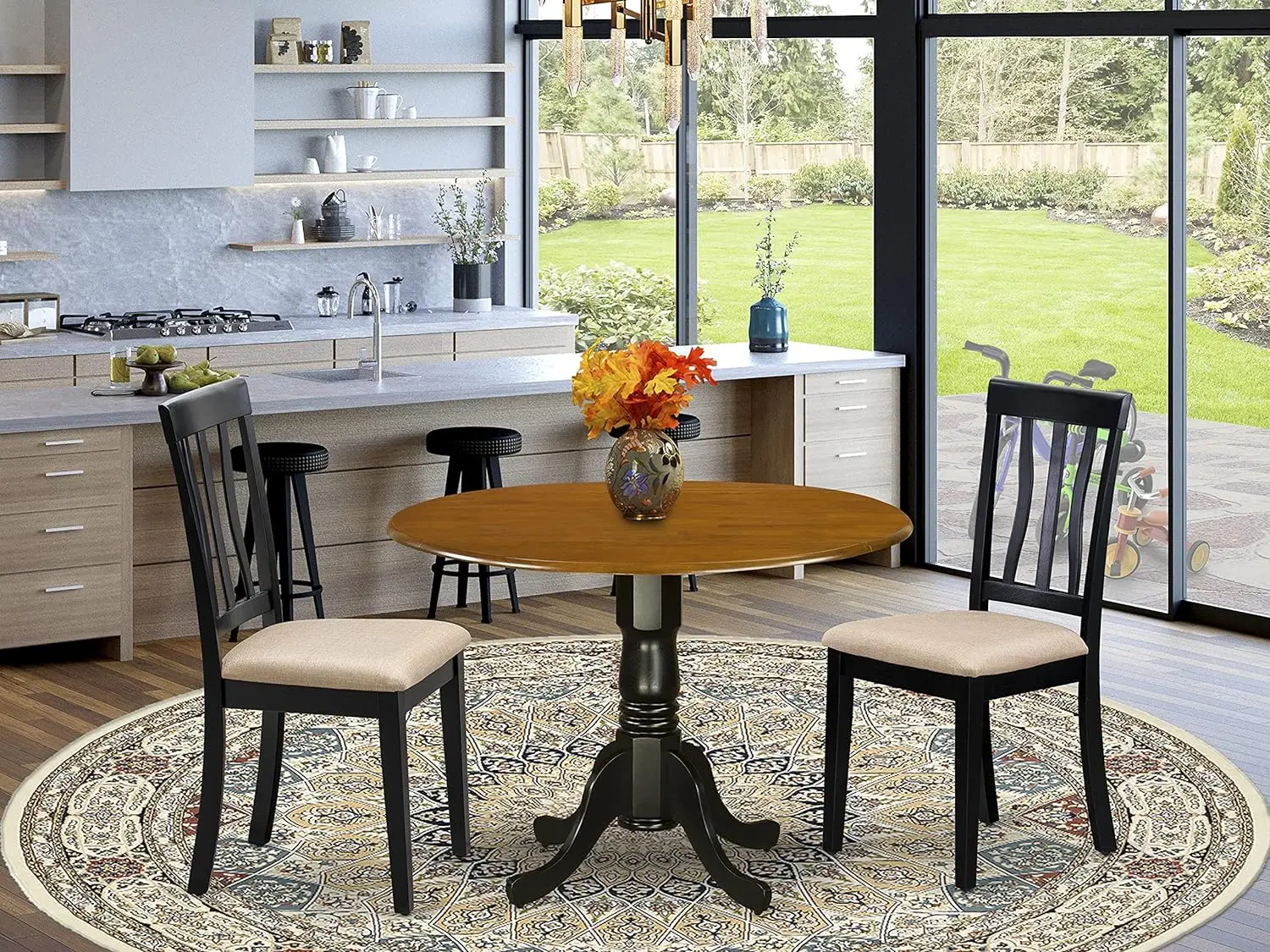 

East West Furniture DLAN3-BCH-C 3 Piece Dining Room Table Set Contains a Round Kitchen Table with Dropleaf