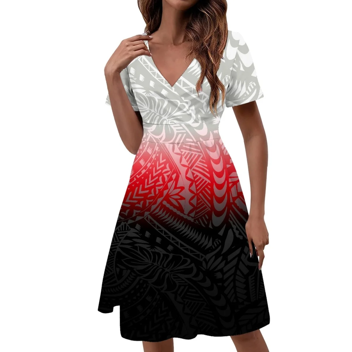 

Summer Polynesian Tribal Print Clothing Dress V Neck Samoa Tapa Fijian Print Casual Faux Wrap Party Midi Dress with two Pockets