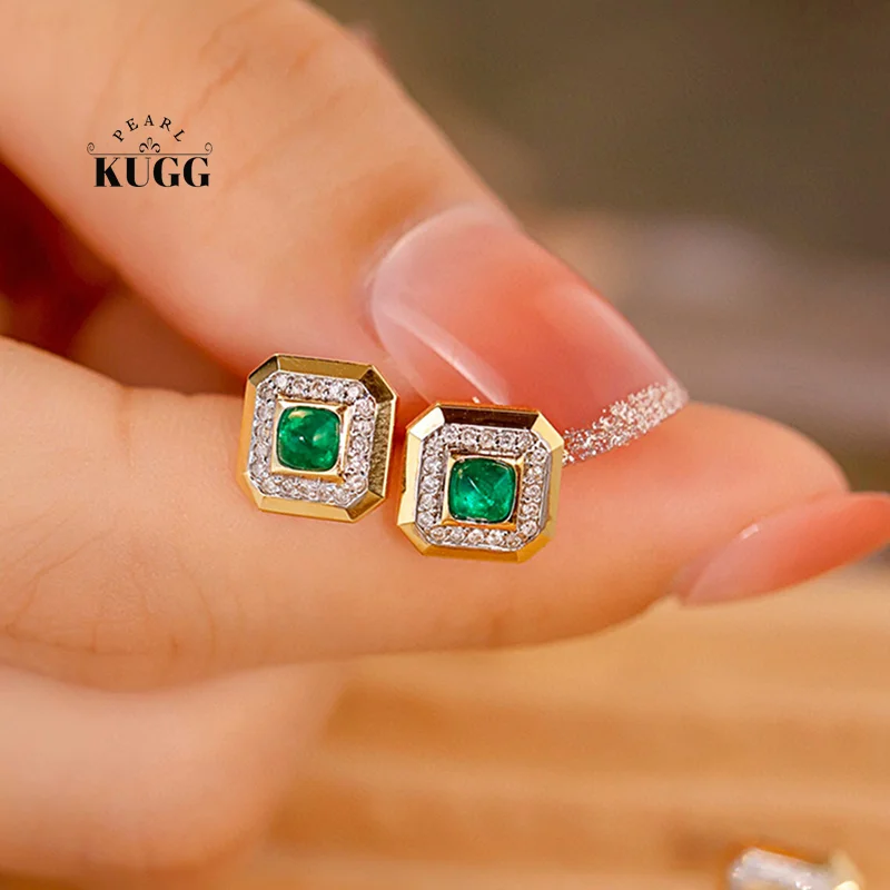 

KUGG 18K Yellow Gold Earrings Fashion Square Design Real Natural Emerald Shiny Diamond Gemstone Earring for Women Birthday Gift