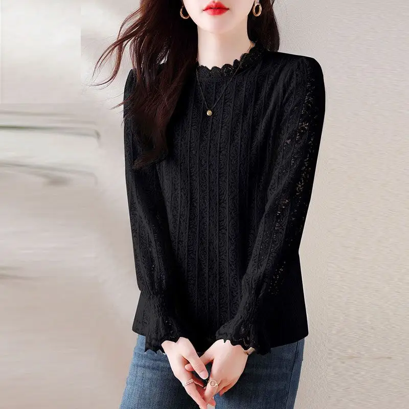 

Spring Autumn Women's Clothing Solid Round Neck Lace Patchwork Long Sleeve Hollow Out T-shirt Casual and Elegant Undershirt Tops