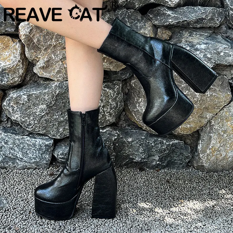 

REAVE CAT Women Ankle Boots Round Toe Ultrahigh Chunky Hees 14cm Platform 4.5cm Zipper Plus Size 47 48 Sexy Party Female Booty