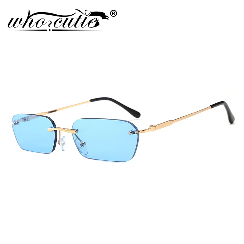 

WHO CUTIE Blue Rimless Rectangle Sunglasses Women 2024 Brand Design Frameless 90S Metal Sun Glasses Tint Ocean Lens Sunnies S034