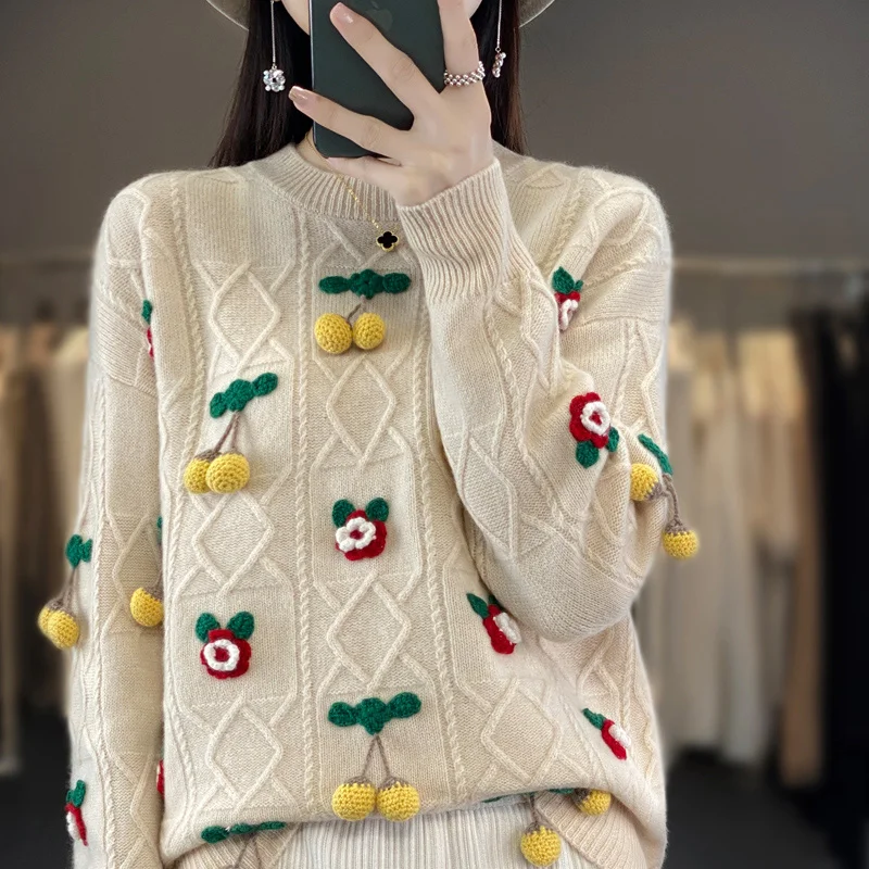 Autumn and Winter New 100% Wool Cashmere Sweater Women's O-neck Fashion Embroidery Pullover Loose Korean Version Women's Top
Autumn and Winter New 100% Wool Cashmere Sweater Women's O-neck Fashion Embroidery Pullover Loose Korean Version Women's Top