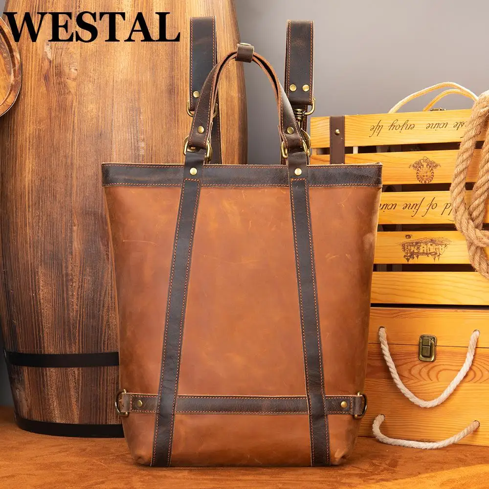 

WESTAL Crazy Horse Leather Men Luxury Design Handbags Backpack 15 Inch Laptop Bag Large Capacity Messenger Bags Business