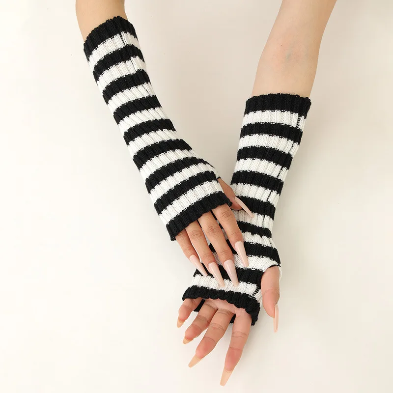 

Популярные корейские полосатые перчатки, женские длинные перчатки без пальцев для девочек, зимние теплые вязаные рукава для рук, модные варежки в стиле панк и Готика