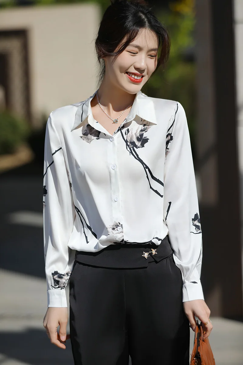 

Spring and Summer New Style Elegant Printed Shirt with Mulberry Silk Acetate Satin High end Fashion Long sleeved Women's Top