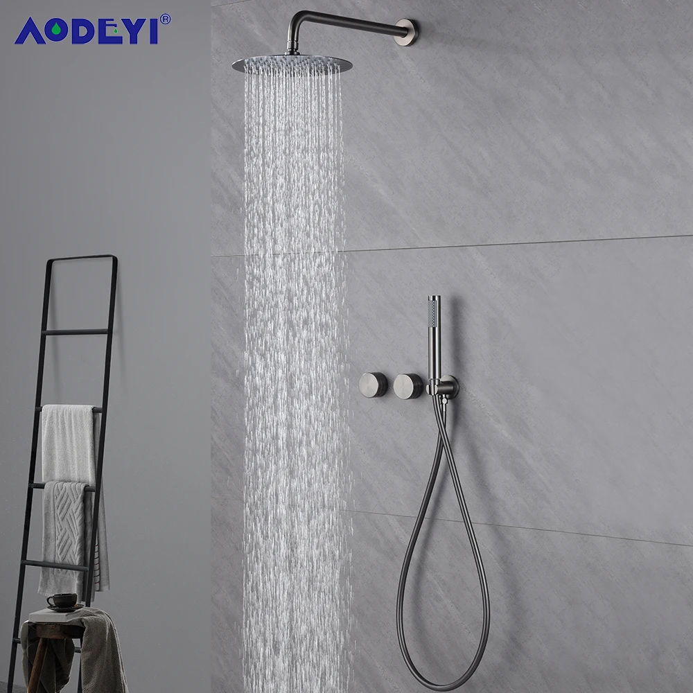 

Bathroom Shower System Mixer Tap Faucets Set Hot And Cold Brass Diverter Rainfall Head With Handheld Hose Gunmetal 8-12"