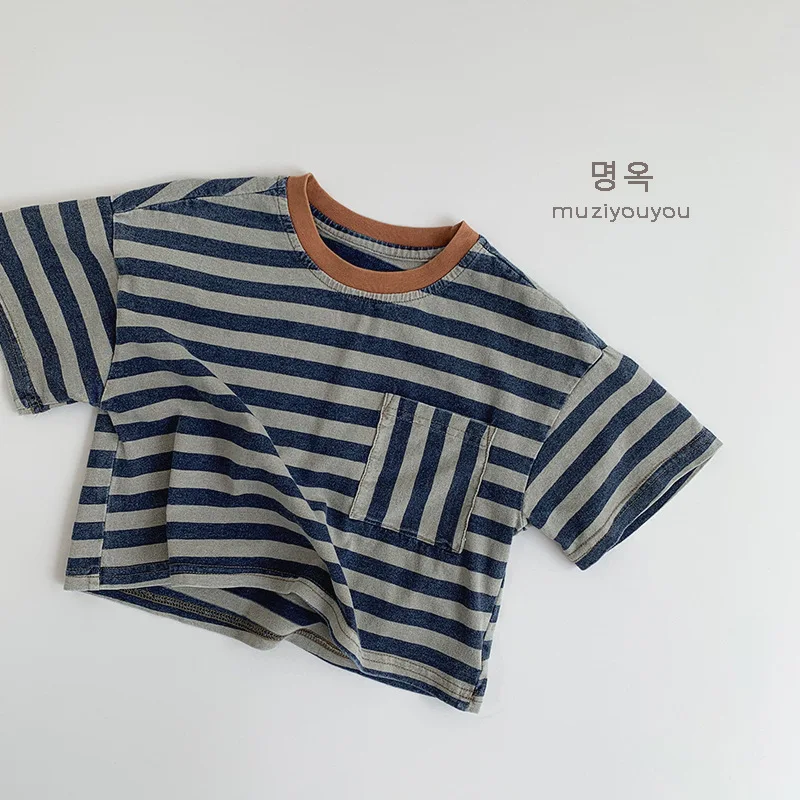 2025 Summer New Children Casual Striped T Shirts Cute Girls Short Sleeve Tops Baby Boys Pocket Tee Infant T Shirts Kids Clothes 2 Se052e1f210934792a7cf6d1aae5cf86dF
