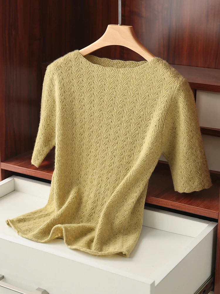 

Women Pullovers O-Neck Short Sleeve 100% Merino Wool Knitwear Spring Summer Female T-shirt Jacquard pattern Women Sweater