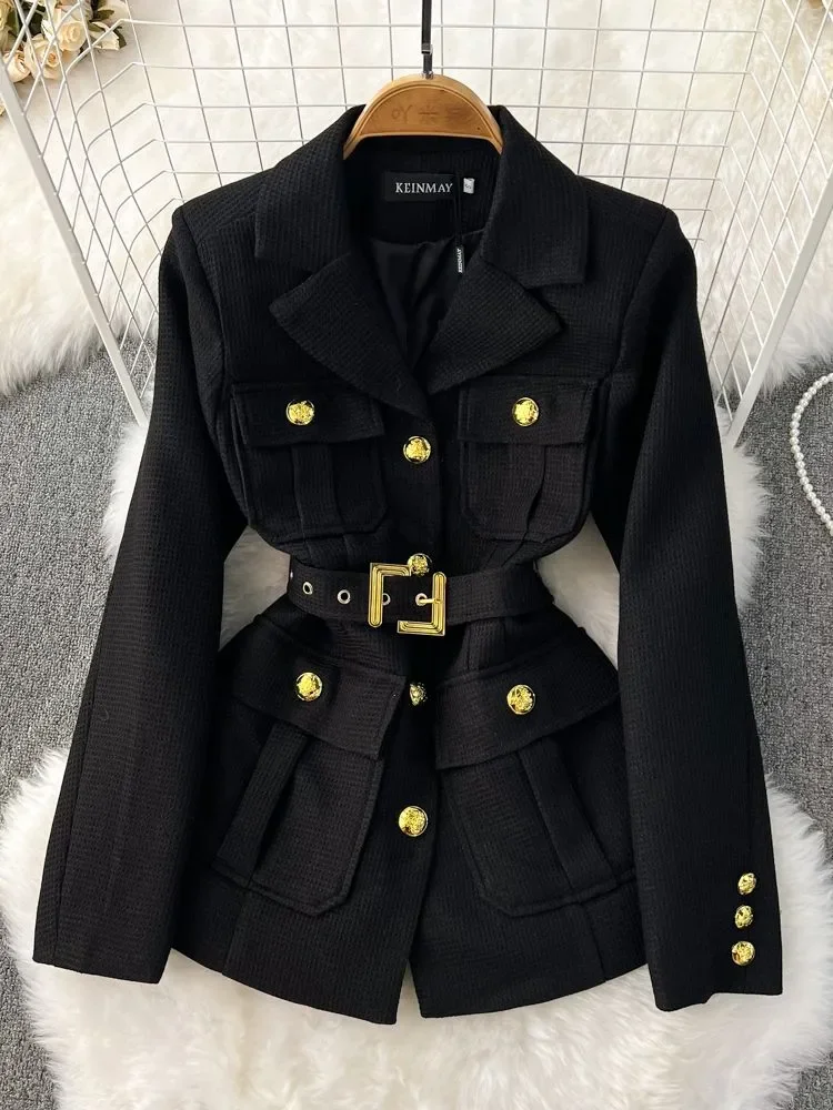 

2023 Autumn Winter Outerwear Fashion Checkered Vintage Golden Buttons Pocket Women's Notched Collar Belted Blazers Jackets Tops