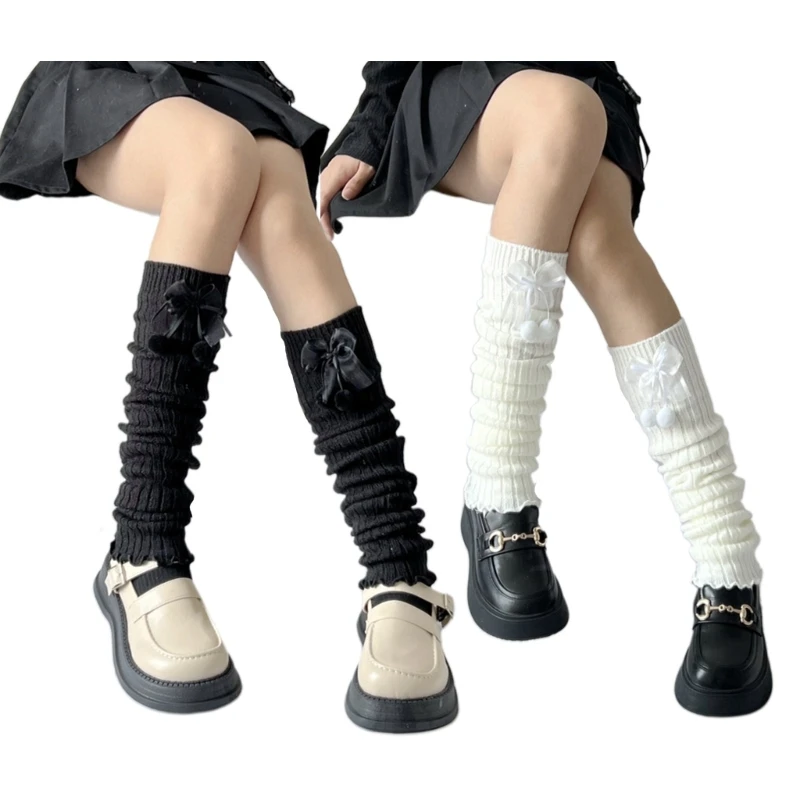 

Casual Ribbed Knitted Leg Warmers Women Harajuku Cute Pompom Bowknot Lettuce Ruffled Hem Foot Cover Boot Cuffs Stockings T8NB