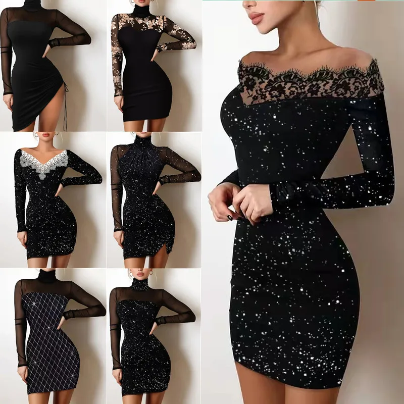 Women Sexy Off Shoulder Long Sleeve Dress Glitter Diamond Bodycon Mini Dress Package Hip Dress Elegant Club Party Dresses
Women Sexy Off Shoulder Long Sleeve Dress Glitter Diamond Bodycon Mini Dress Package Hip Dress Elegant Club Party Dresses