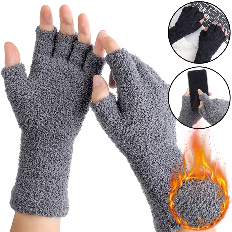 

Women Men Coral Velvet Long Half Finger Gloves Ribbed Knitted Winter Warm Office Student Writing Solid Fingerless Plush Gloves