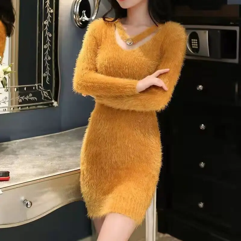 

New Faux Mink Furry Sweater Women Autumn Winter Embroidery Elasticity Knit Bottoming Pullover Hippocampus Sexy Package Hip Dress