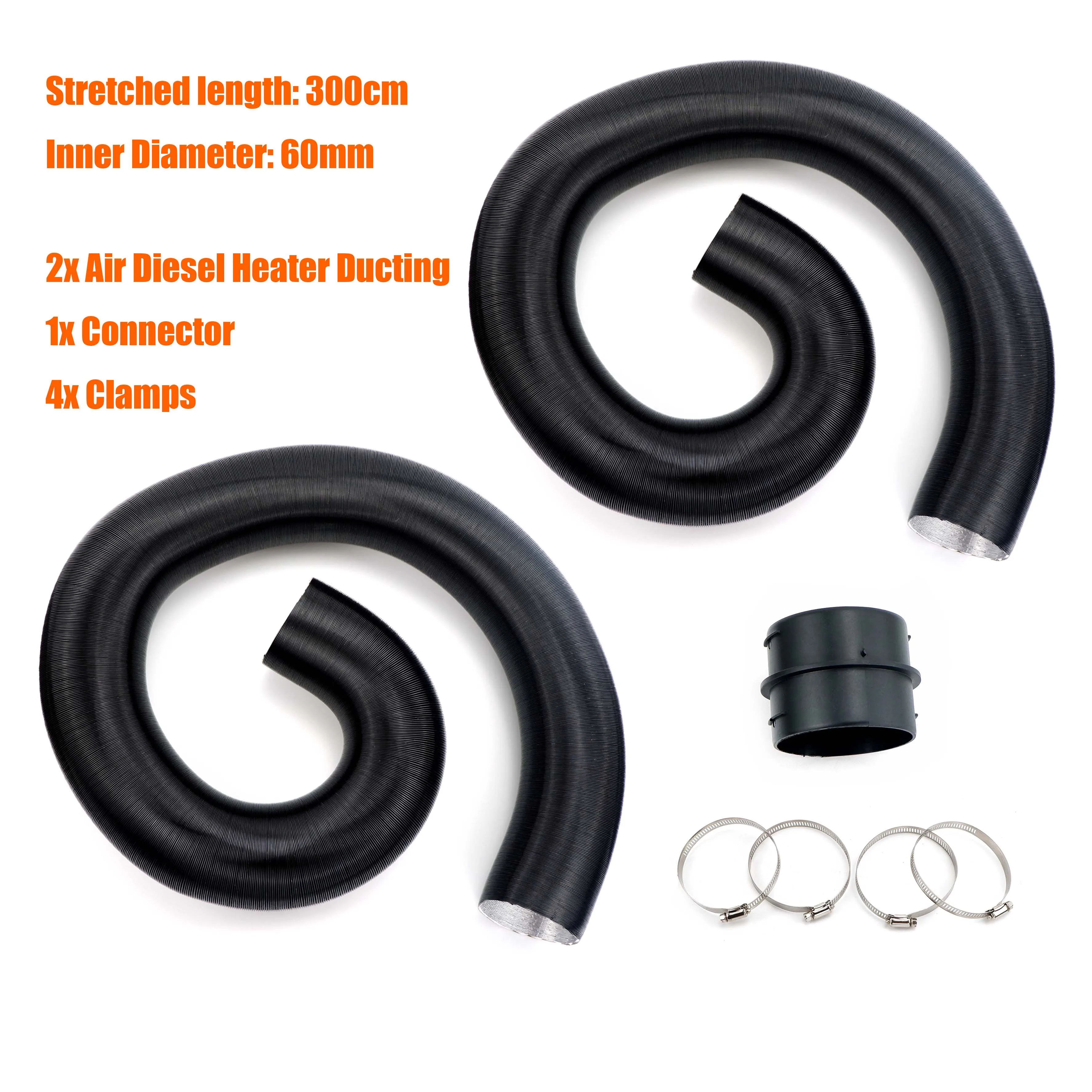 Air Diesel Heater 2x 60mm Diameter 300cm Length Duct Pipe Tube Hose Black + 1x Flat Connector + 4x Clamps Set For Car Truck VAN
Air Diesel Heater 2x 60mm Diameter 300cm Length Duct Pipe Tube Hose Black + 1x Flat Connector + 4x Clamps Set For Car Truck VAN