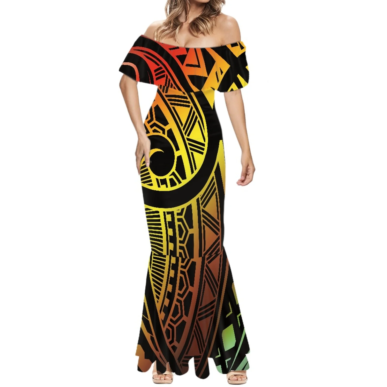 

Polynesia Tribal Women's Short Sleeve Fishtail Dress Summer Party Fashion Sexy One-Shoulder Hawaiian Tattoos Print Beach Dress