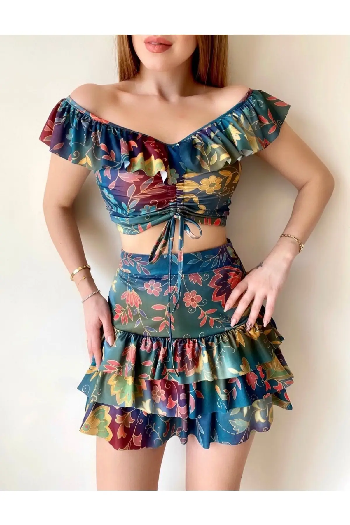 

Flexible Fabric Shad Detailed Tropical Patterned Bustier And Coat High Waist Skirt Suit 019 Floral Zero Arm Mini Night