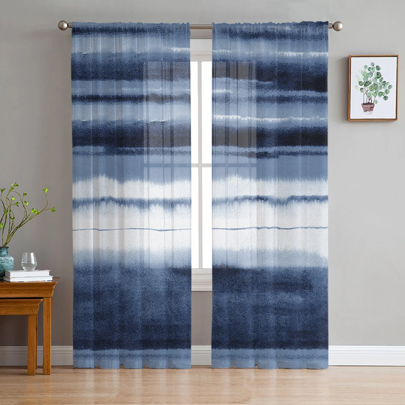 

Watercolor Stripes Abstract Gradient Blue Sheer Voile Window Curtains Tulle Curtains Living Room Balcony Decoration Drapes